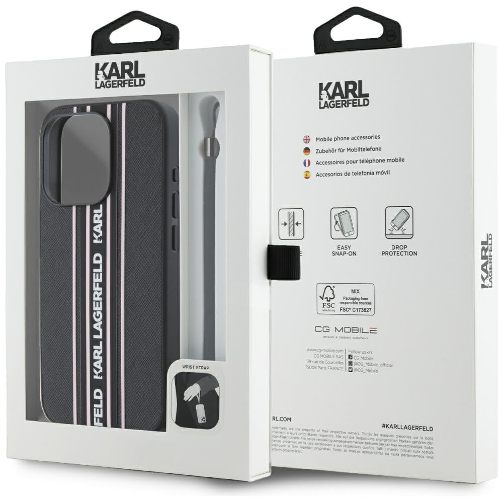 Custodia per Apple iPhone 15 Pro, Karl Lagerfeld, Saffiano Athleisure Stripes with Strap, Rosa