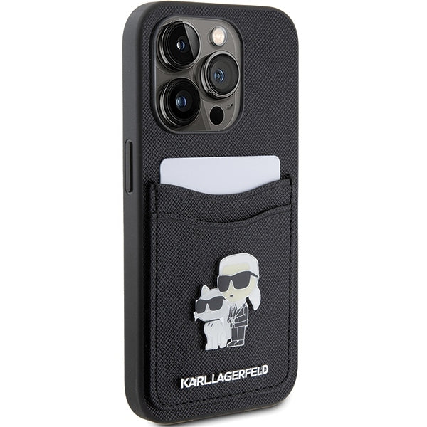 Custodia per Apple iPhone 15 Pro, Karl Lagerfeld, Saffiano Card Slot Metal Karl & Choupette, Nera