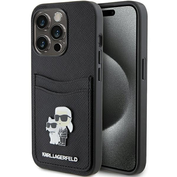 Custodia per Apple iPhone 15 Pro, Karl Lagerfeld, Saffiano Card Slot Metal Karl & Choupette, Nera