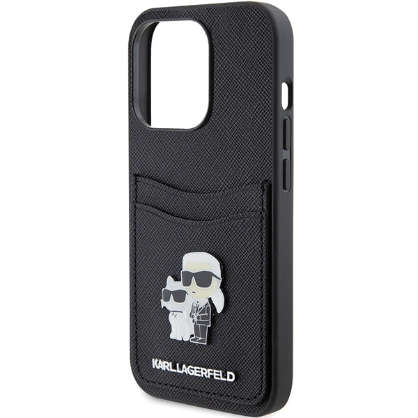 Custodia per Apple iPhone 15 Pro, Karl Lagerfeld, Saffiano Card Slot Metal Karl & Choupette, Nera