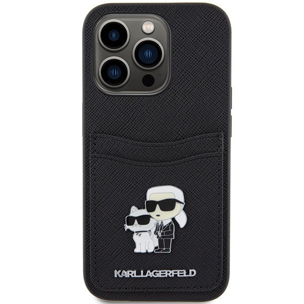 Custodia per Apple iPhone 15 Pro, Karl Lagerfeld, Saffiano Card Slot Metal Karl & Choupette, Nera