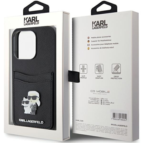 Custodia per Apple iPhone 15 Pro, Karl Lagerfeld, Saffiano Card Slot Metal Karl & Choupette, Nera