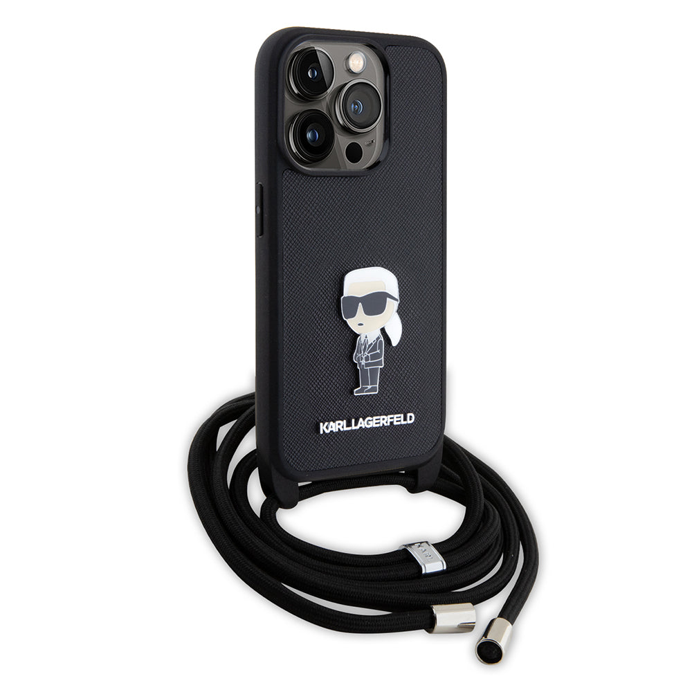 Custodia per Apple iPhone 15 Pro, Karl Lagerfeld, Saffiano Crossbody Monogram Metal Pin Karl, Nera
