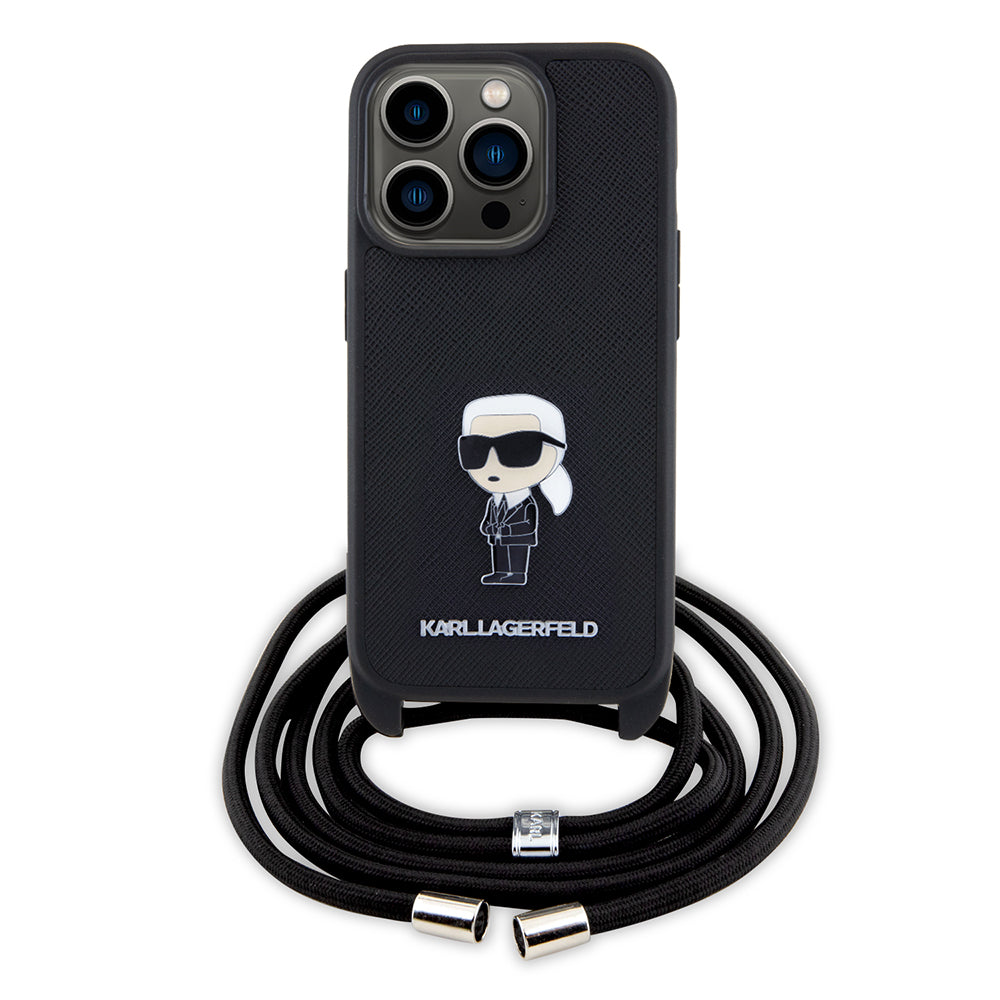 Custodia per Apple iPhone 15 Pro, Karl Lagerfeld, Saffiano Crossbody Monogram Metal Pin Karl, Nera