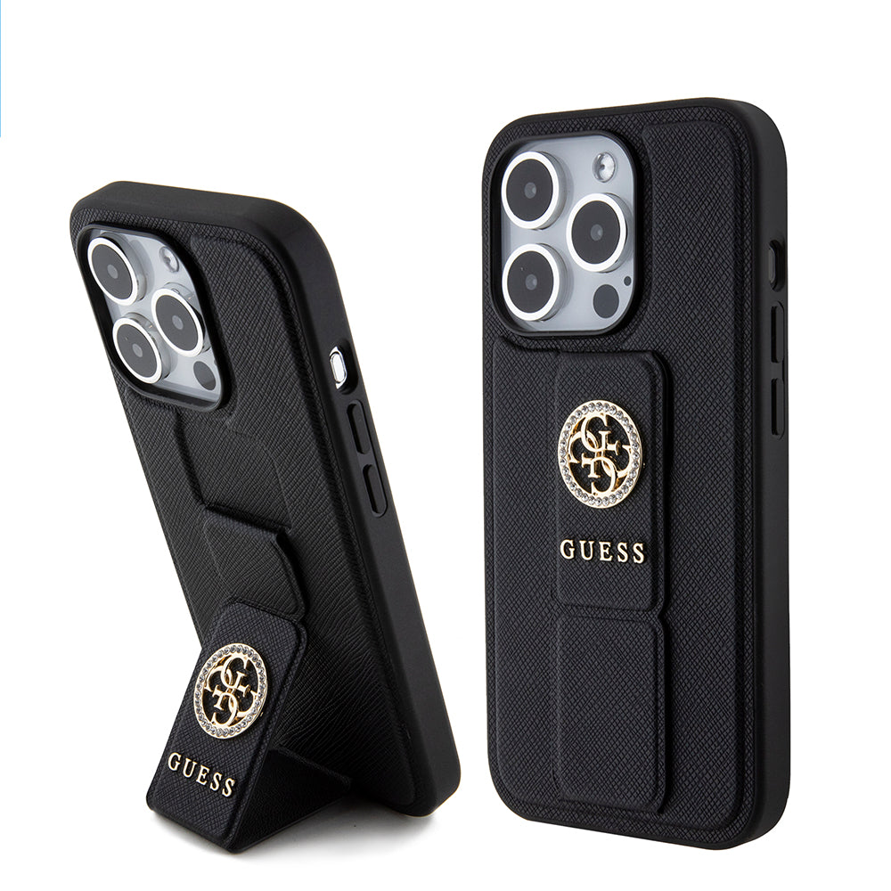 Custodia per Apple iPhone 15 Pro Max, Guess, Grip Stand 4G Saffiano Strass, Nera