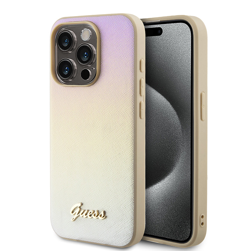 Custodia per Apple iPhone 15 Pro Max, Guess, Saffiano Iridescent Script, Dorata