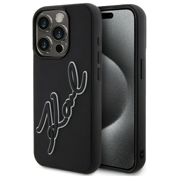 Custodia per Apple iPhone 15 Pro Max, Karl Lagerfeld, 3D Rubber Signature, Nera