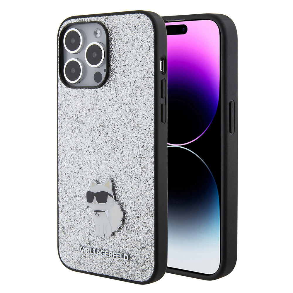 Custodia per Apple iPhone 15 Pro Max, Karl Lagerfeld, Glitter Fixed Choupette Logo, Argento