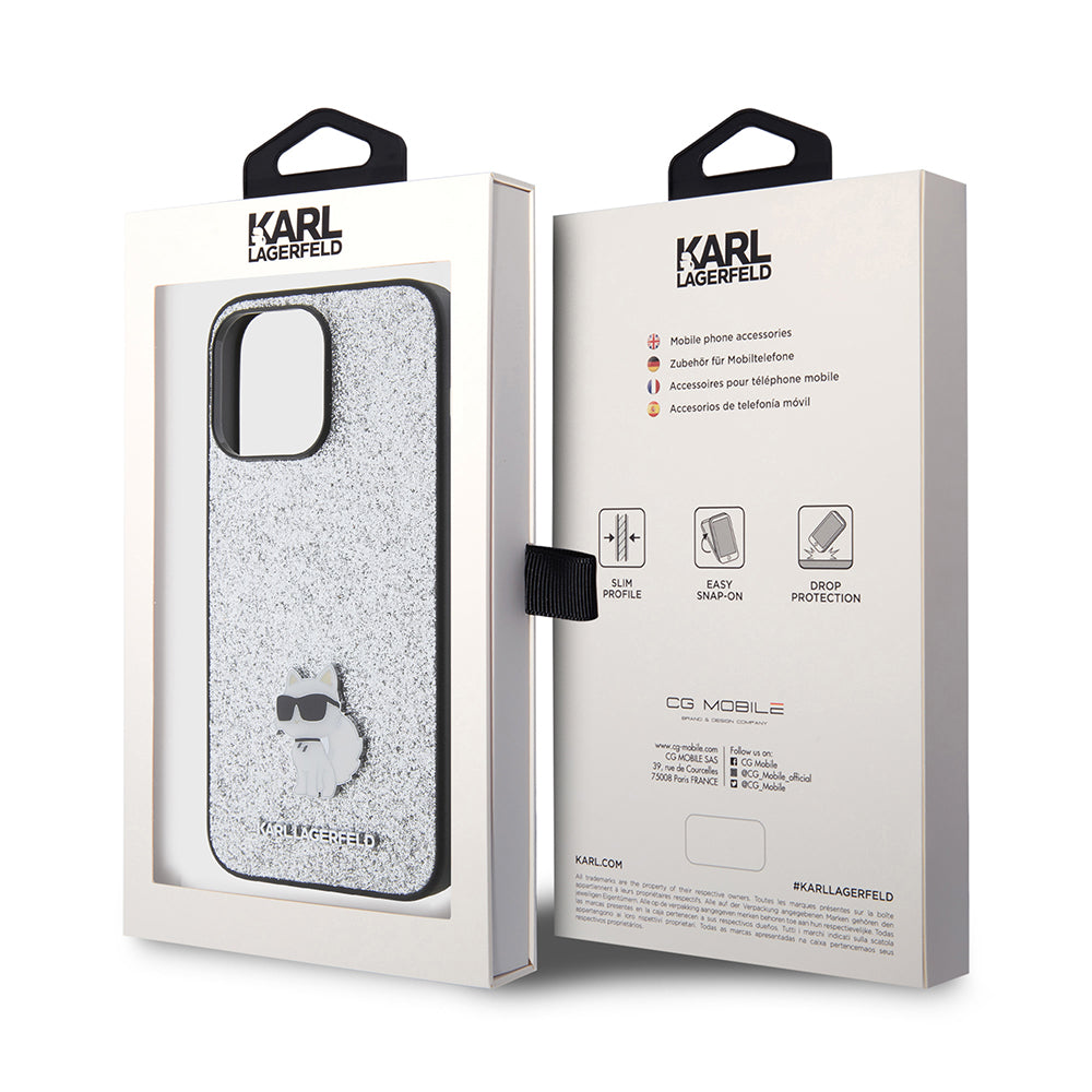 Custodia per Apple iPhone 15 Pro Max, Karl Lagerfeld, Glitter Fixed Choupette Logo, Argento