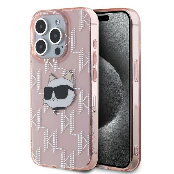 Custodia per Apple iPhone 15 Pro Max, Karl Lagerfeld, IML Luxury Monogram Choupette's Head, Rosa