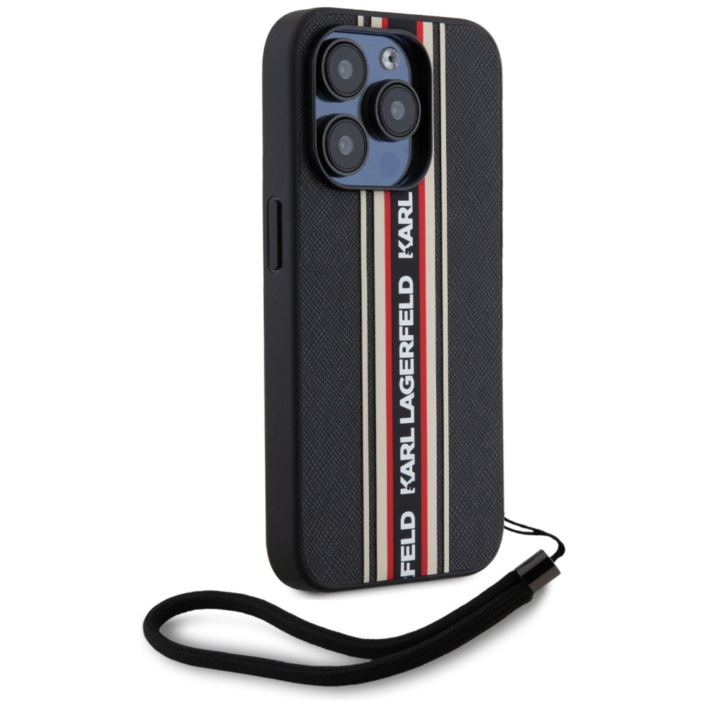 Case for Apple iPhone 15 Pro Max, Karl Lagerfeld, Saffiano Athleisure Stripes with Strap, Rosie