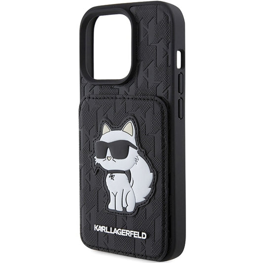 Custodia per Apple iPhone 15 Pro Max, Karl Lagerfeld, Saffiano Cardslots and Stand Monogram Choupette, Nera