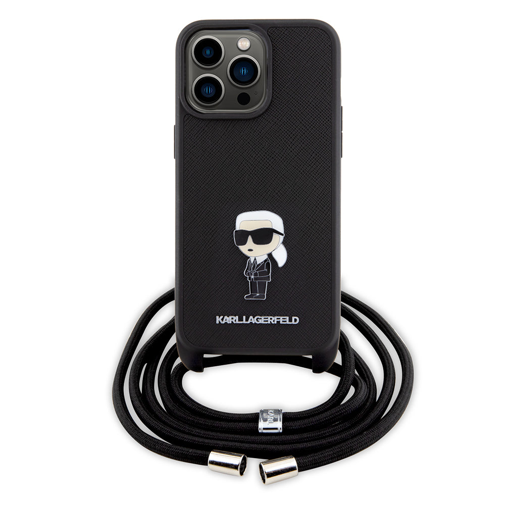 Custodia per Apple iPhone 15 Pro Max, Karl Lagerfeld, Saffiano Crossbody Monogram Metal Pin Karl, Nera