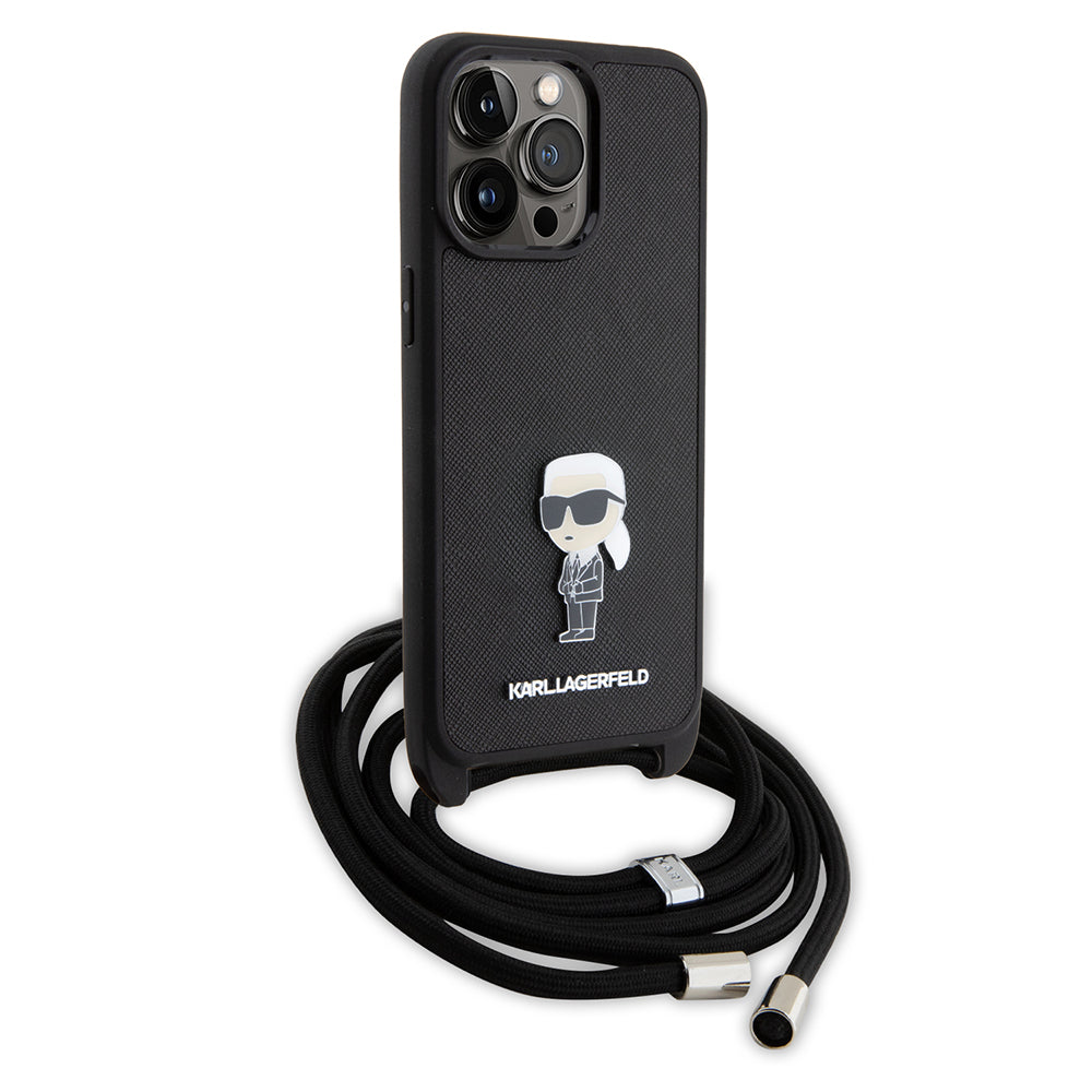 Custodia per Apple iPhone 15 Pro Max, Karl Lagerfeld, Saffiano Crossbody Monogram Metal Pin Karl, Nera