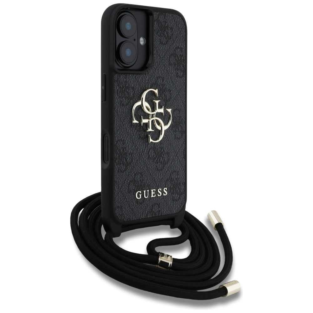 Case for Apple iPhone 16, Guess, 4G CBDY Big Logo with Cord Strap, Black