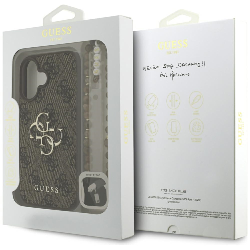 Case for Apple iPhone 16, Guess, 4G Classic Logo with Strap, Brown