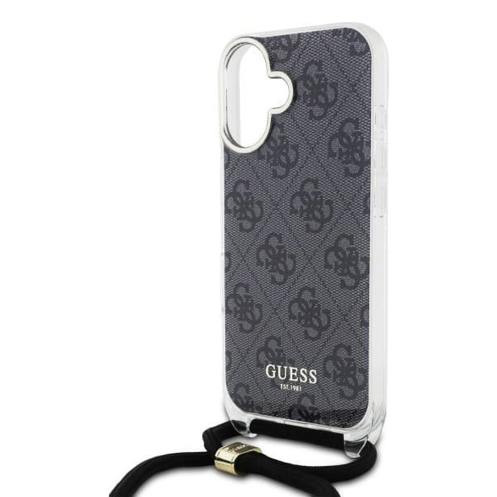 Custodia per Apple iPhone 16, Guess, Crossbody Cord 4G Print, Nera