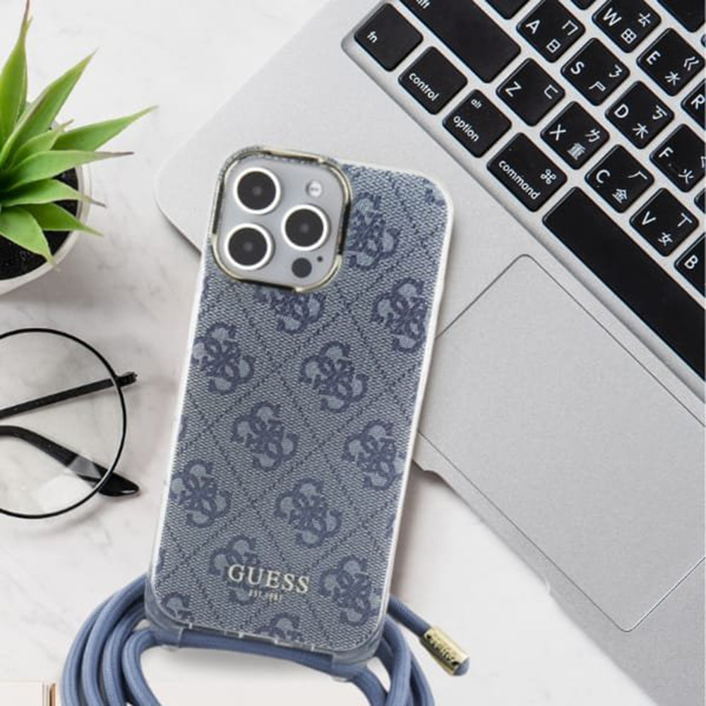 Custodia per Apple iPhone 16, Guess, Crossbody Cord 4G Print, Nera