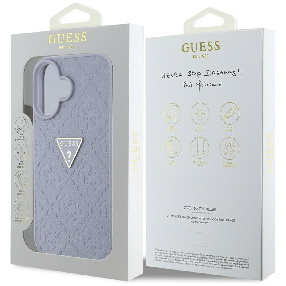 Case for Apple iPhone 16, Guess, Hot Stamp 4G Pattern Triangle Logo, Light Purple