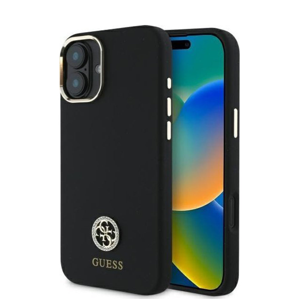 Custodia per Apple iPhone 16, Guess, Logo Strass 4G, Nera