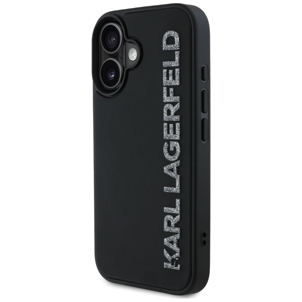 Case for Apple iPhone 16, Karl Lagerfeld, 3D Rubber Elongated Glitter Logo, Black