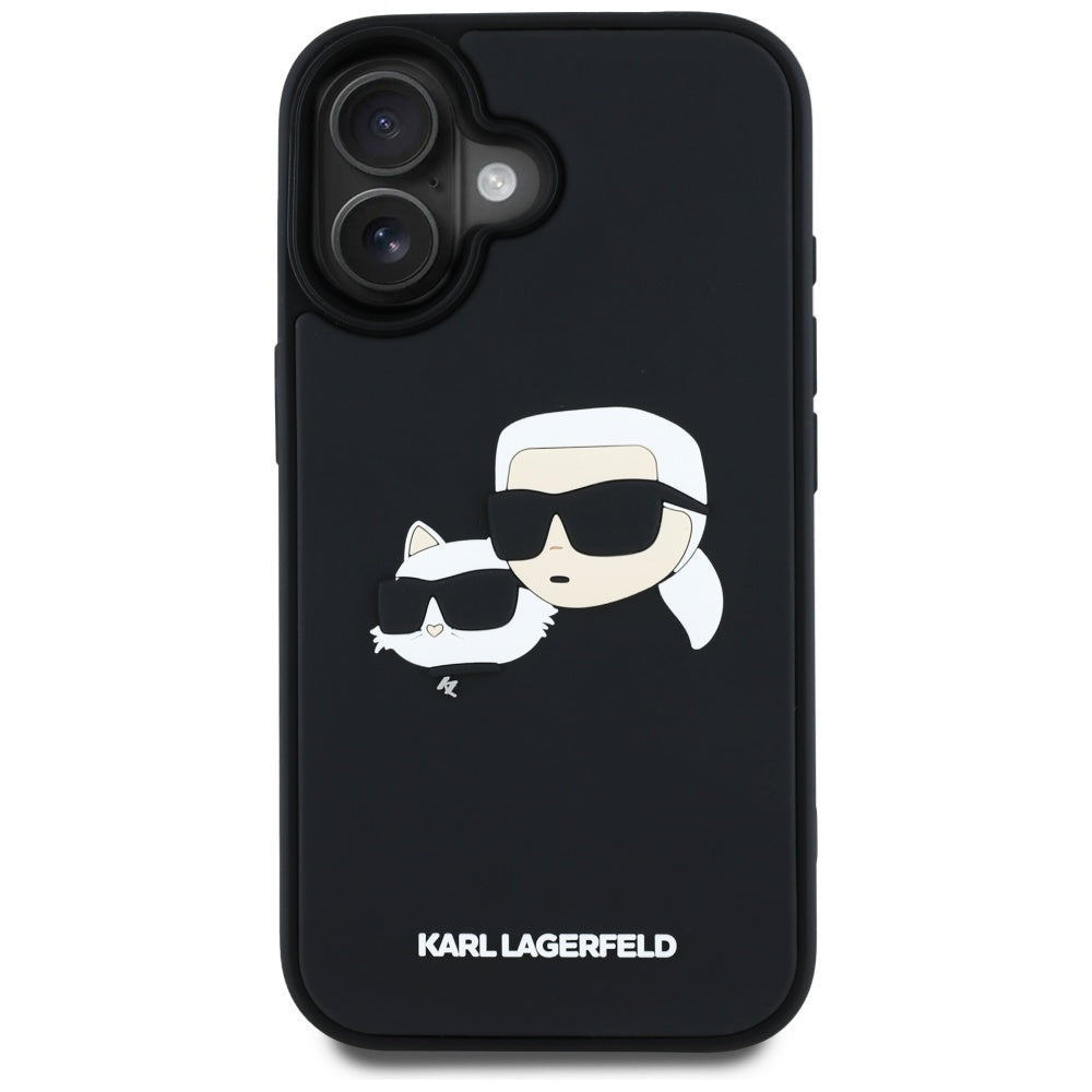 Custodia per Apple iPhone 16, Karl Lagerfeld, 3D Rubber Karl & Choupette, Nera