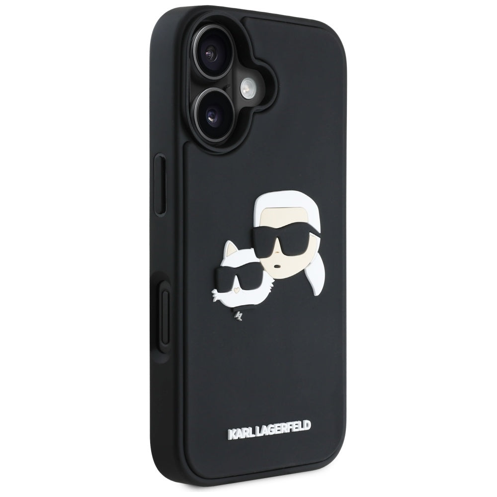 Custodia per Apple iPhone 16, Karl Lagerfeld, 3D Rubber Karl & Choupette, Nera