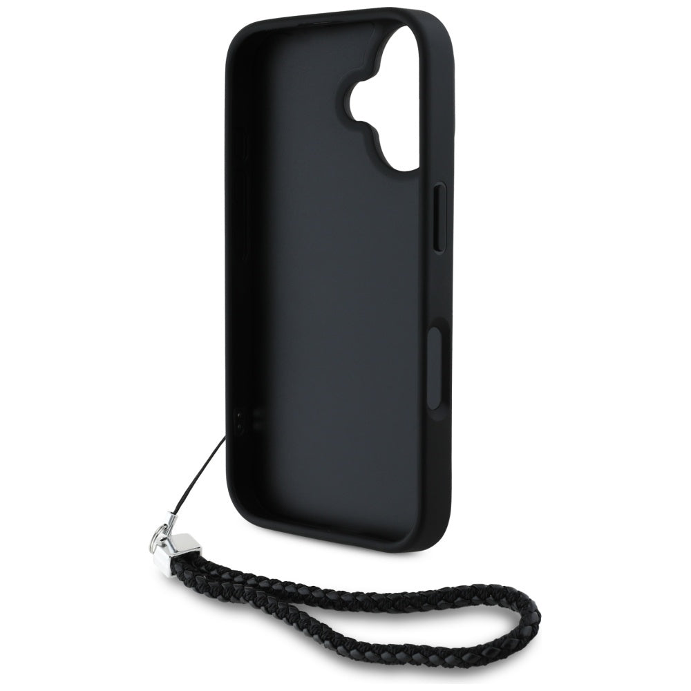 Custodia per Apple iPhone 16, Karl Lagerfeld, Quilted Initial Logo & Chain Strap, Nera