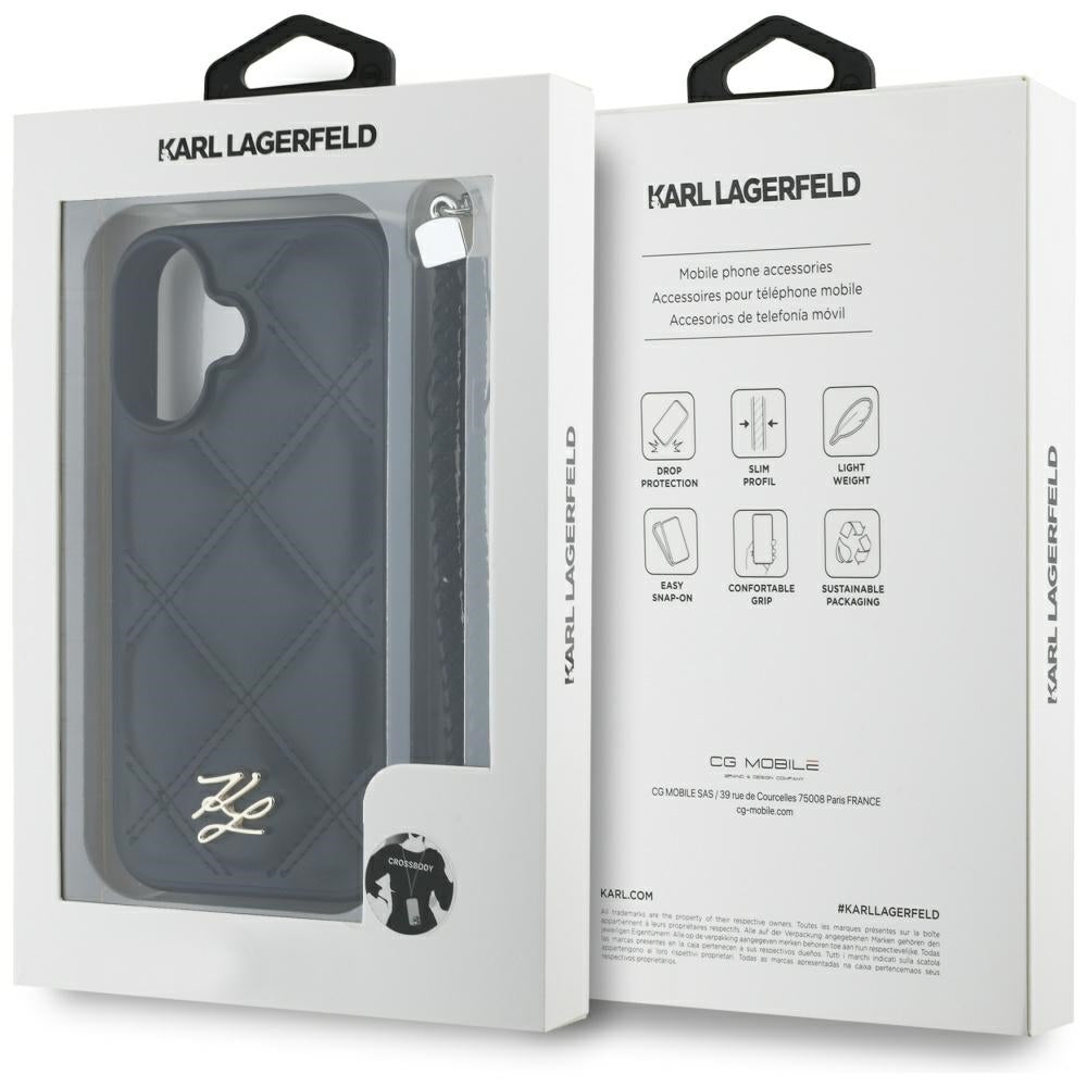 Custodia per Apple iPhone 16, Karl Lagerfeld, Quilted Initial Logo & Chain Strap, Nera