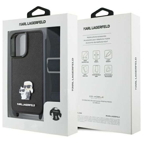 Custodia per Apple iPhone 16, Karl Lagerfeld, Saffiano Crossbody Metal Pin Karl & Choupette, Bianca