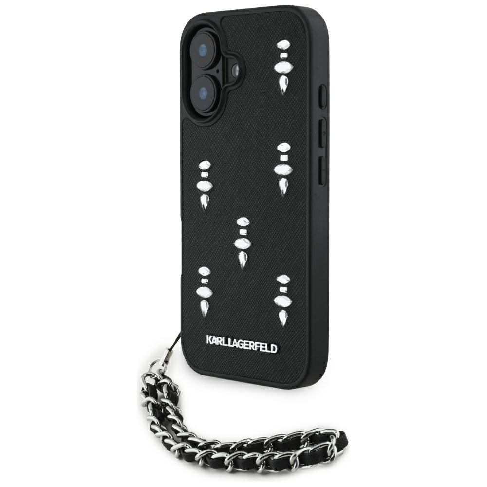 Custodia per Apple iPhone 16, Karl Lagerfeld, Saffiano Crystals & Charm, Nera