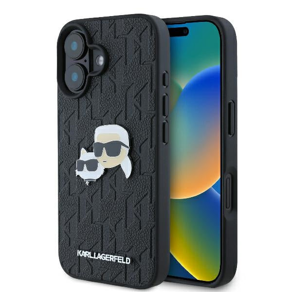 Custodia per Apple iPhone 16 Plus, Karl Lagerfeld, Monogramma Karl & Choupette's Heads, Nera