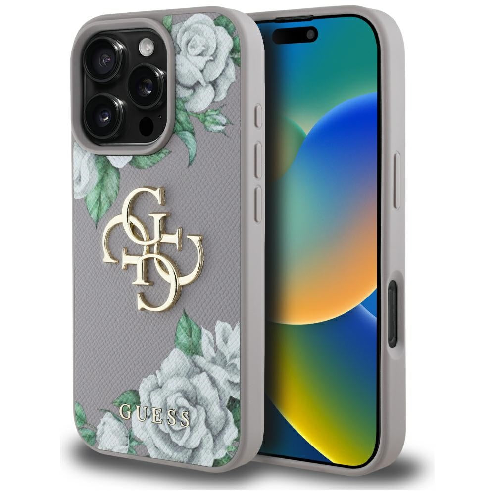 Custodia per Apple iPhone 16 Pro, Guess, 4G Grained Roses Big Logo, Viola