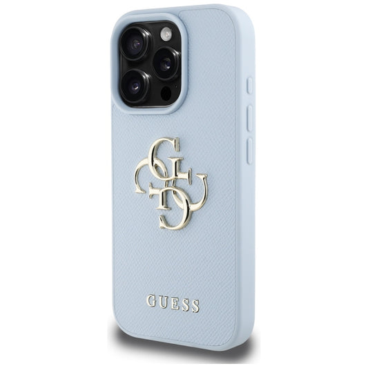 Custodia per Apple iPhone 16 Pro, Guess, Grained Big 4G Logo Small Classic Logo, Blu