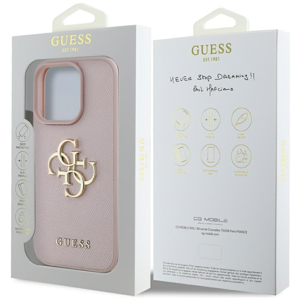 Custodia per Apple iPhone 16 Pro, Guess, Grained Big 4G Logo Small Classic Logo, Rosa