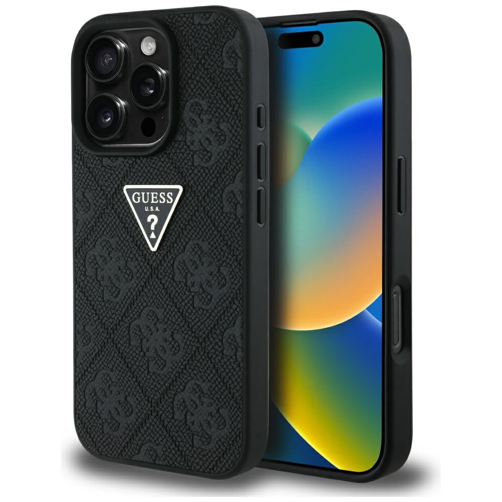 Custodia per Apple iPhone 16 Pro, Guess, Hot Stamp 4G Pattern Triangle Logo, Nera
