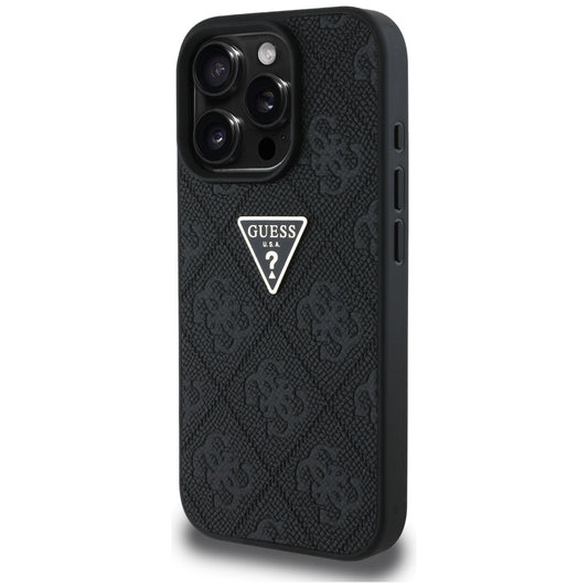 Custodia per Apple iPhone 16 Pro, Guess, Hot Stamp 4G Pattern Triangle Logo, Nera