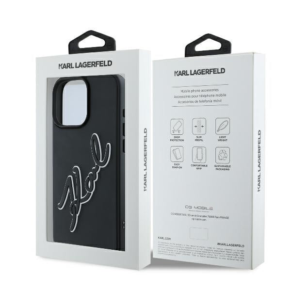 Custodia per Apple iPhone 16 Pro, Karl Lagerfeld, 3D Rubber Signature, Nera