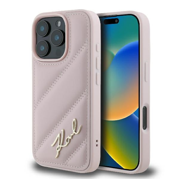 Custodia per Apple iPhone 16 Pro, Karl Lagerfeld, Diagonal Quilted Script, Rosa