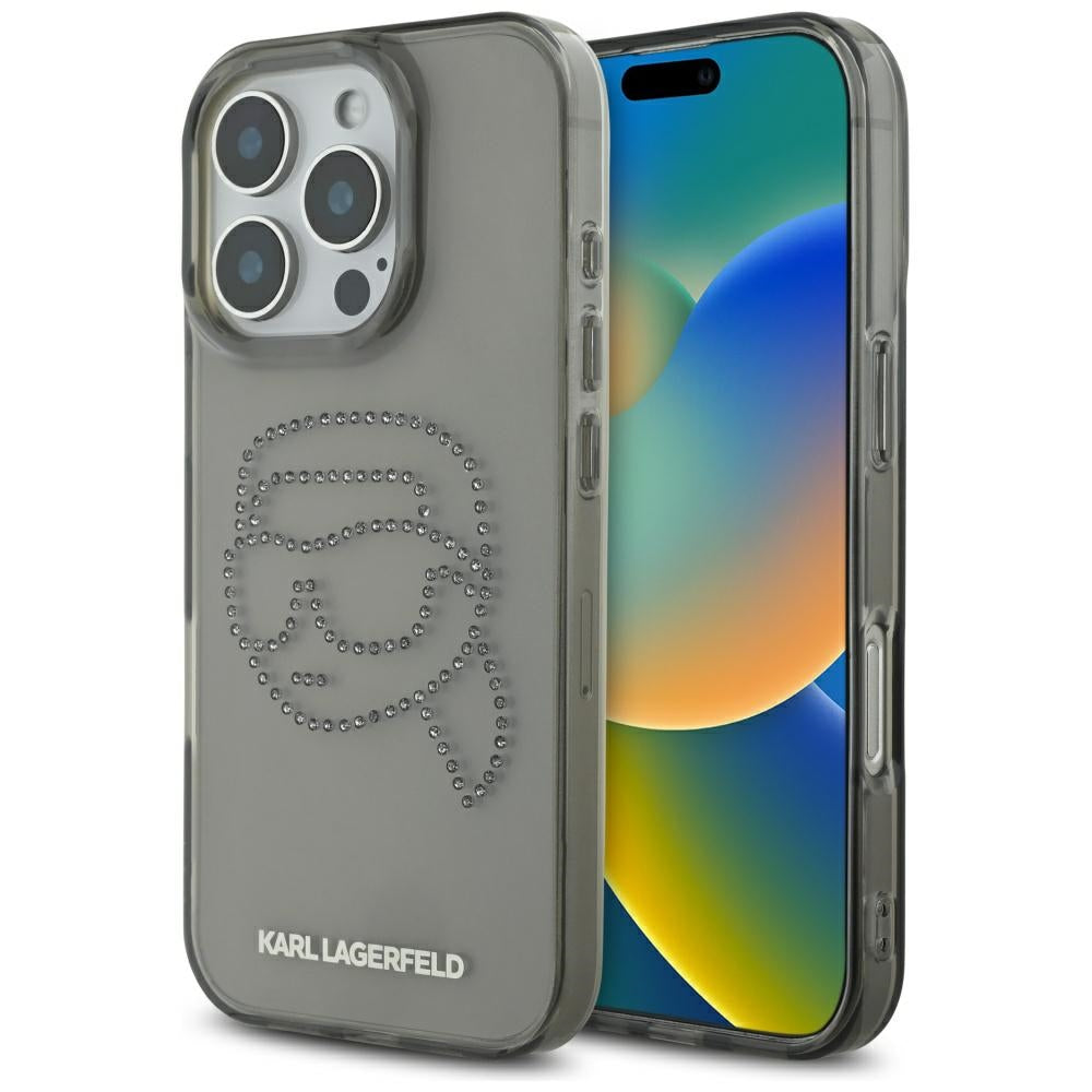 Custodia per Apple iPhone 16 Pro, Karl Lagerfeld, IML Rhinestones Karl's Head, Nera