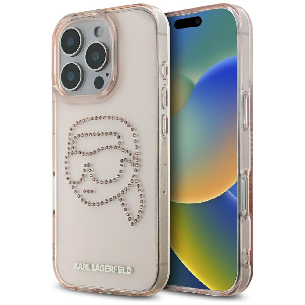 Custodia per Apple iPhone 16 Pro, Karl Lagerfeld, IML Rhinestones Karl's Head, Rosa