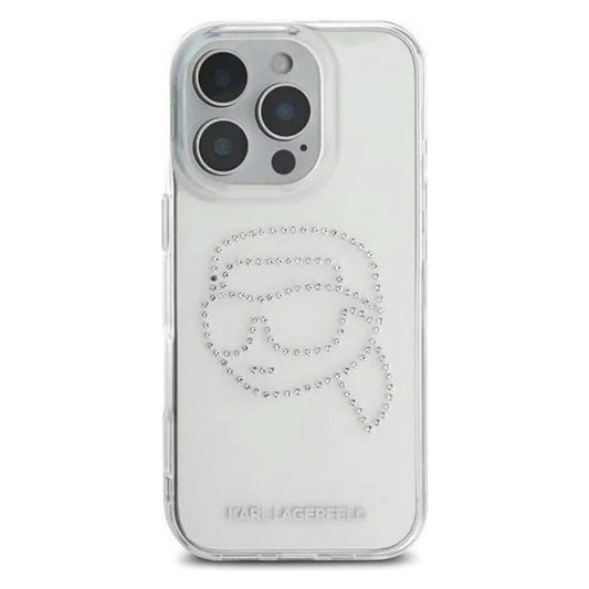 Custodia per Apple iPhone 16 Pro, Karl Lagerfeld, IML Rhinestones Karl's Head, Trasparente