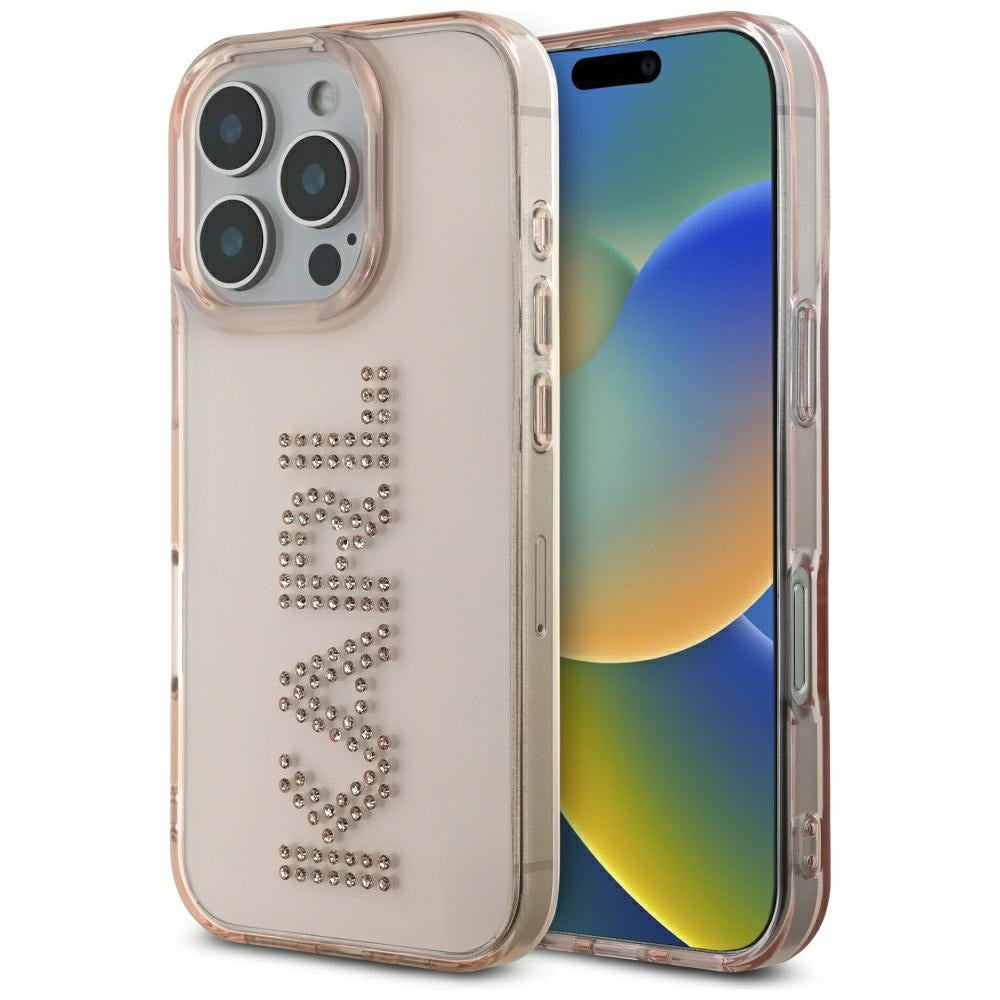 Custodia per Apple iPhone 16 Pro, Karl Lagerfeld, IML Rhinestones Pink Logo, Rosa