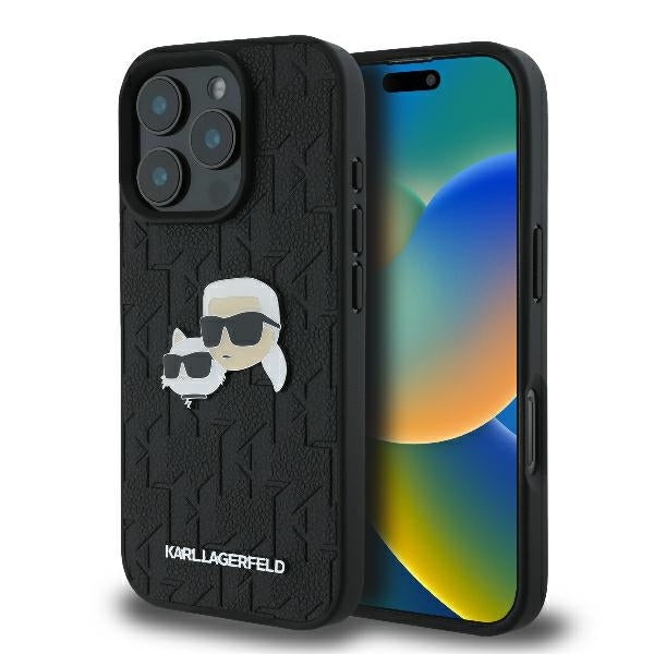 Custodia per Apple iPhone 16 Pro, Karl Lagerfeld, Monogramma Karl & Choupette's Heads, Nera