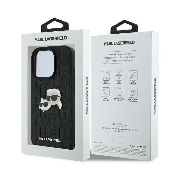 Custodia per Apple iPhone 16 Pro, Karl Lagerfeld, Monogramma Karl & Choupette's Heads, Nera