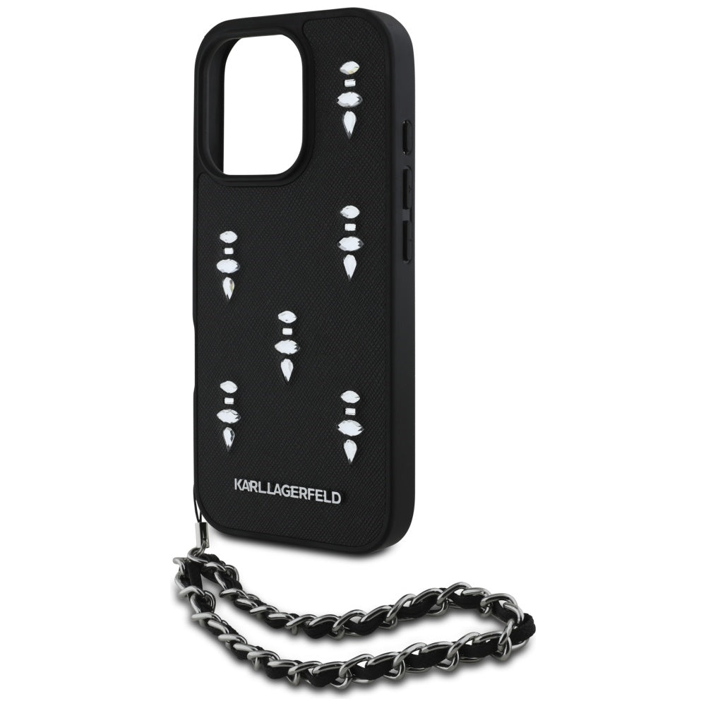 Custodia per Apple iPhone 16 Pro, Karl Lagerfeld, Saffiano Crystals & Charm, Nera
