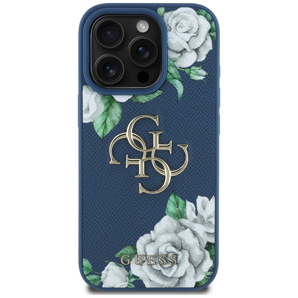 Case for Apple iPhone 16 Pro Max, Guess, 4G Grained Roses Big Logo, Blue