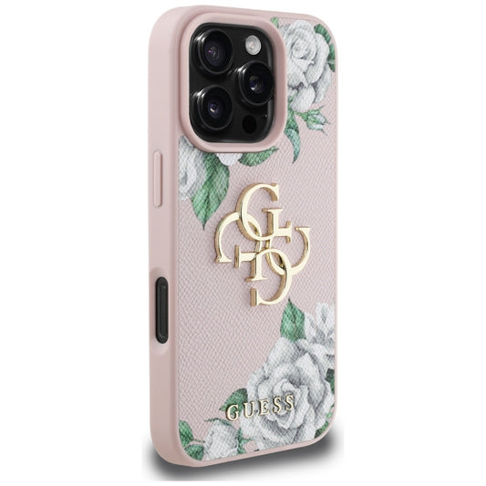 Custodia per Apple iPhone 16 Pro Max, Guess, 4G Grained Roses Big Logo, Rosa