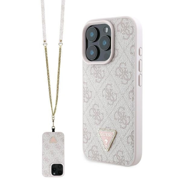 Custodia per Apple iPhone 16 Pro Max, Guess, Crossbody 4G Triangle Strass, Rosa