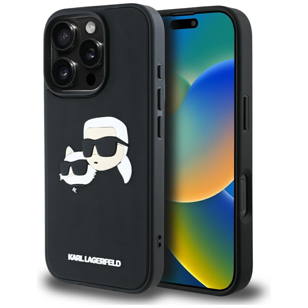 Custodia per Apple iPhone 16 Pro Max, Karl Lagerfeld, 3D Rubber Karl & Choupette, Nera